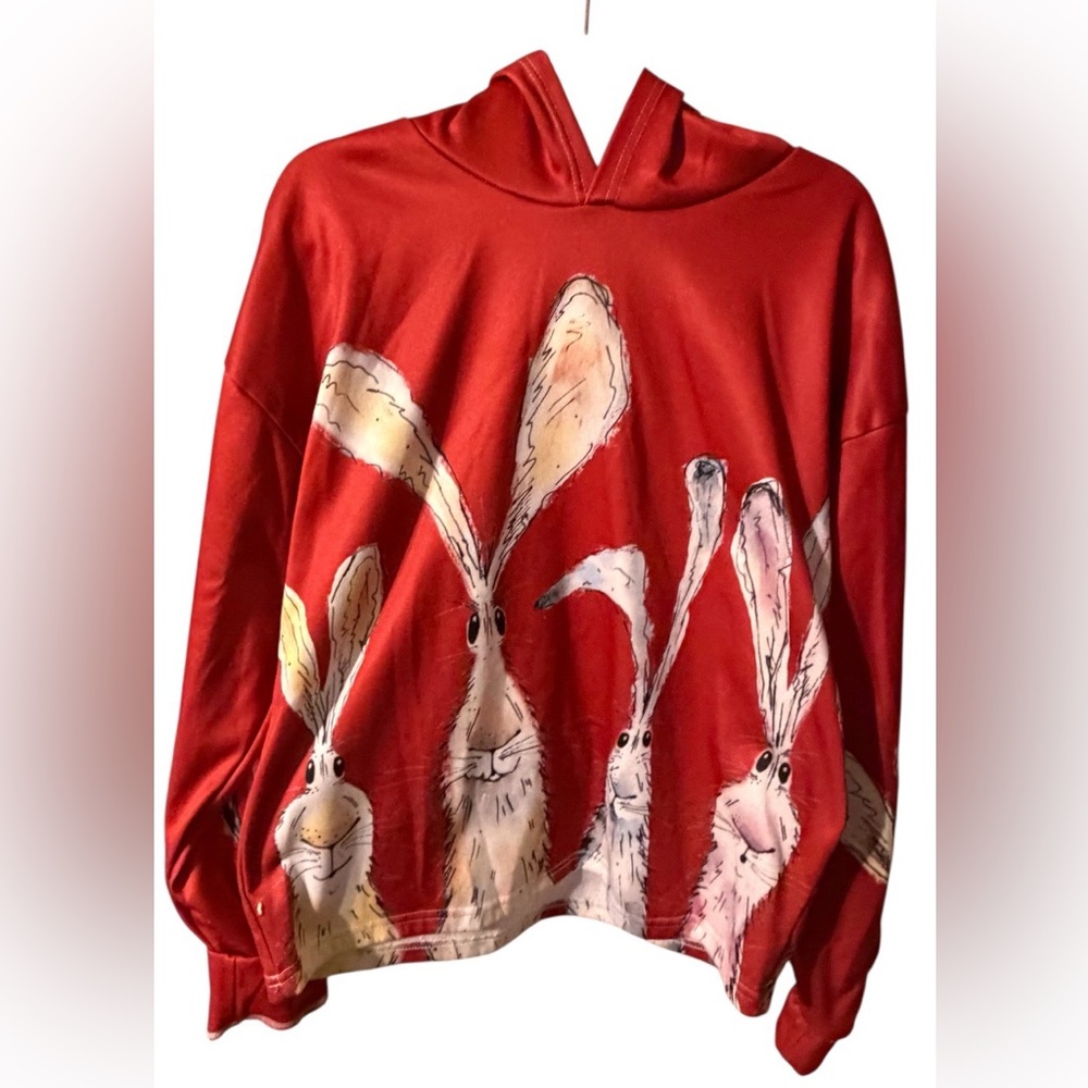 Red Rabbit Print Women's hoodie sweatshirt  size‎ large. whimsical, cottage core